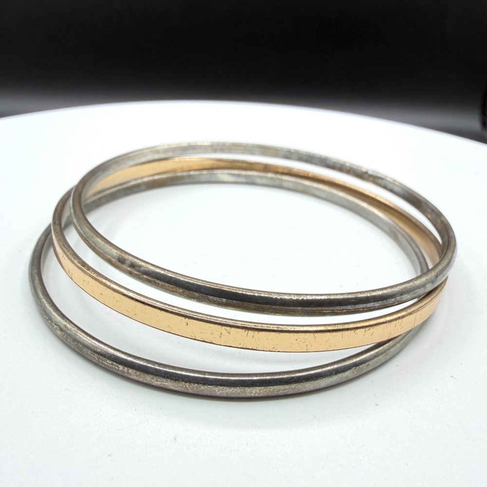 Set of 3 Mixed Metal Bangle Bracelets Silver & Gold Tone Stackable Boho Jewelry